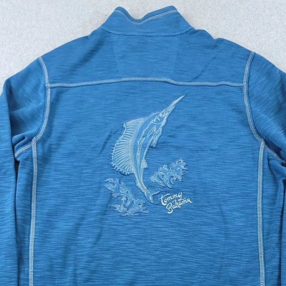 Tommy Bahama Sweater Mens Medium Blue Quarter Zip Marlin Embroidered Pullover